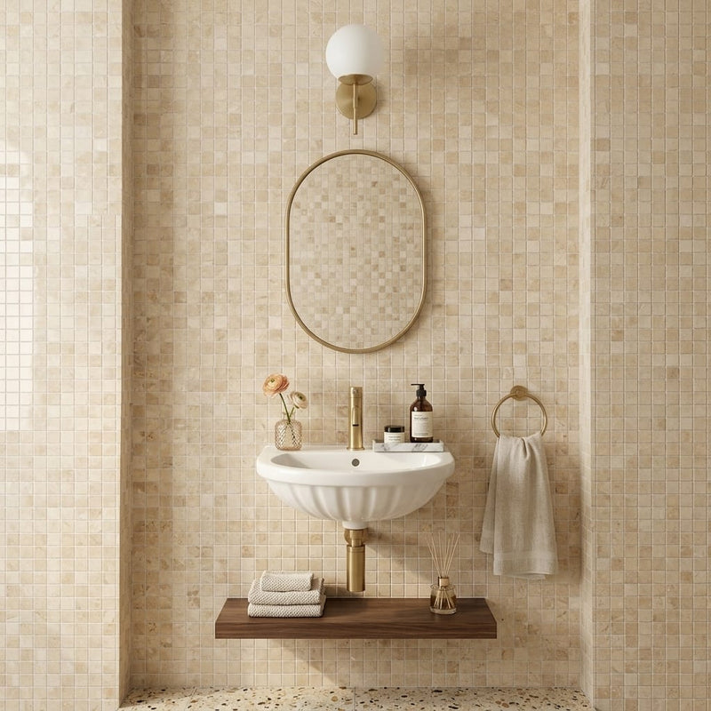 Cappuccino Marble 1x1 Polished Mosaic — Powder Room wall