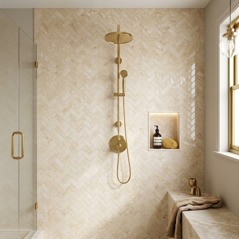 Cappuccino Marble 1x2 Polished Herringbone Mosaic — Bathroom shower wall
