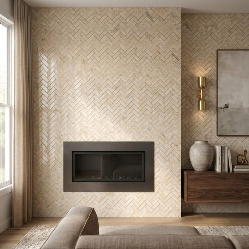Cappuccino Marble 1x2 Polished Herringbone Mosaic — Living Room accent wall