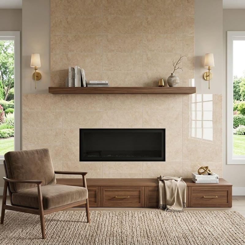 Cappuccino Marble 12x24 Polished Tile — Living Room fireplace surround