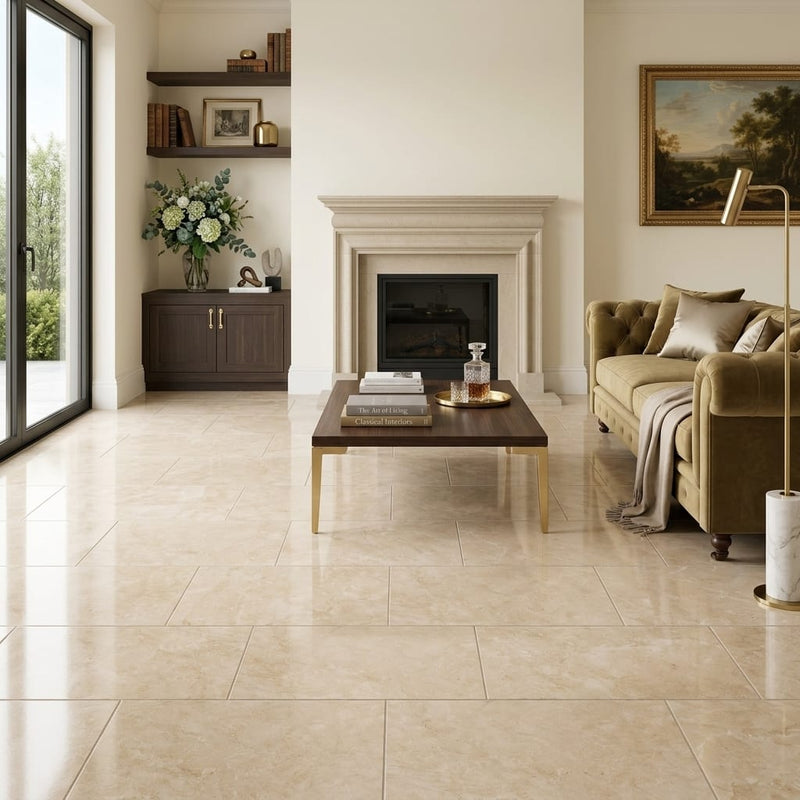 Cappuccino Marble 12x24 Polished Tile — Living Room floor