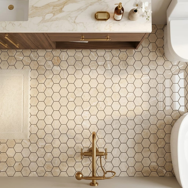 Cappuccino Marble 2x2 Polished Hexagon Mosaic — Bathroom floor