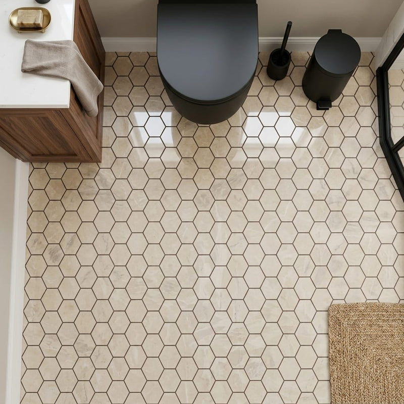 Cappuccino Marble 2x2 Polished Hexagon Mosaic — Powder Room floor