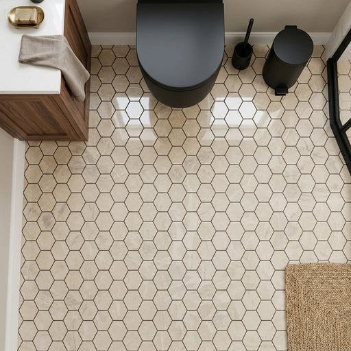 Cappuccino Marble 2x2 Polished Hexagon Mosaic — Powder Room floor