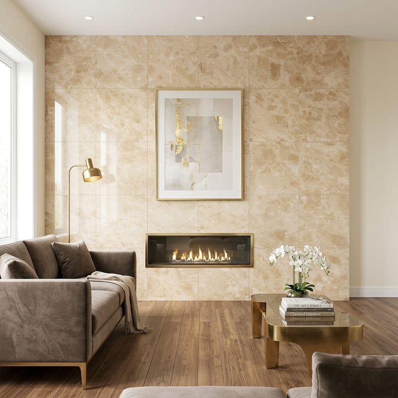 Cappuccino Marble 24x24 Polished Tile — Living Room feature wall