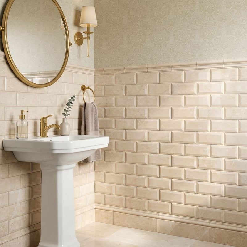 Cappuccino Marble 3x6 Polished Tile — Powder Room wainscot