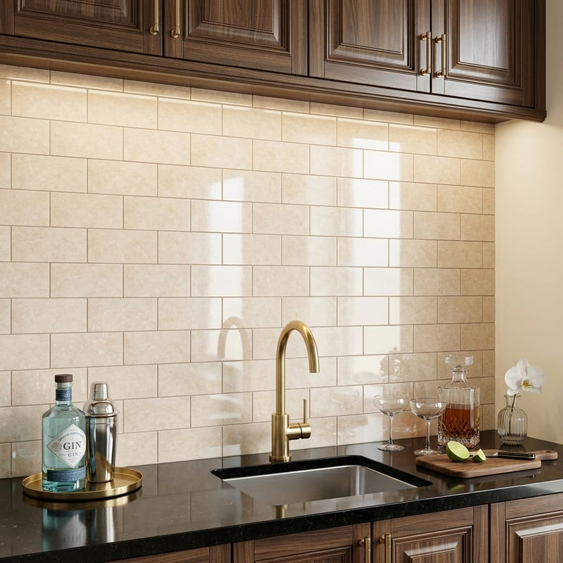 Cappuccino Marble 3x6 Polished Tile — Wet Bar backsplash