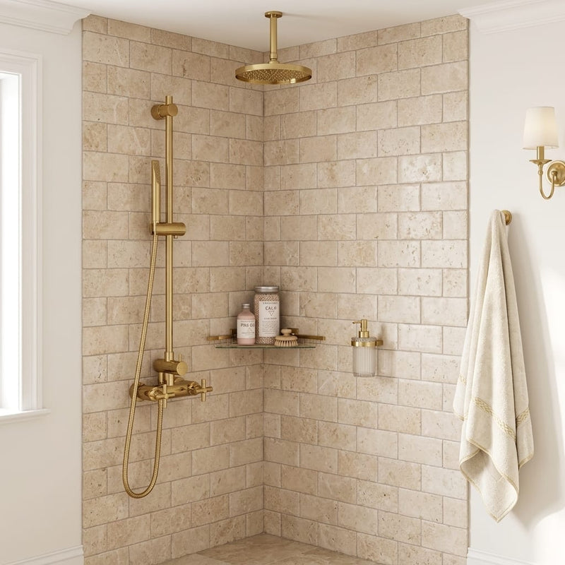 Cappuccino Marble 3x6 Tumbled Tile — Bathroom shower wall