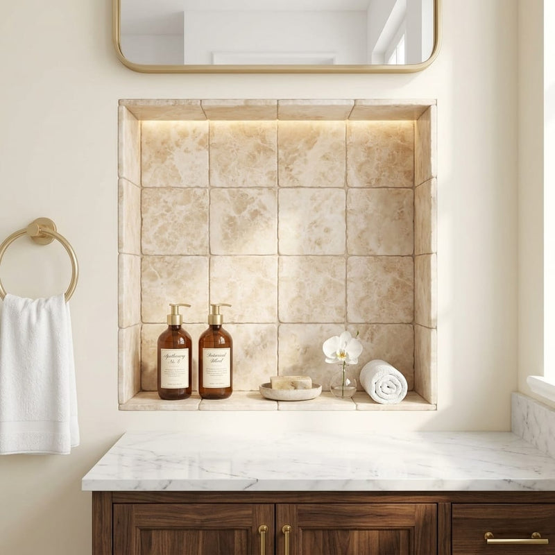 Cappuccino Marble 4x4 Tumbled Tile — Bathroom niche