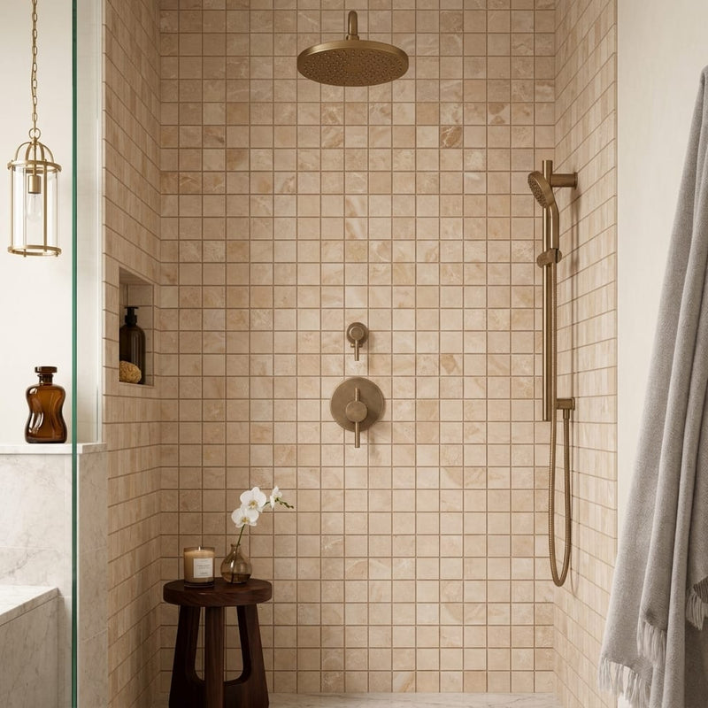 Cappuccino Marble 5/8x5/8 Polished Mosaic — Bathroom shower wall