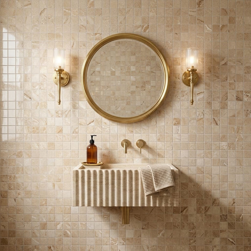 Cappuccino Marble 5/8x5/8 Polished Mosaic — Powder Room wall
