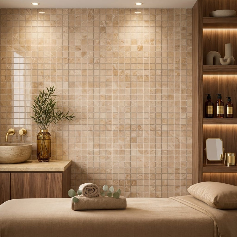 Cappuccino Marble 5/8x5/8 Polished Mosaic — Spa spa interior
