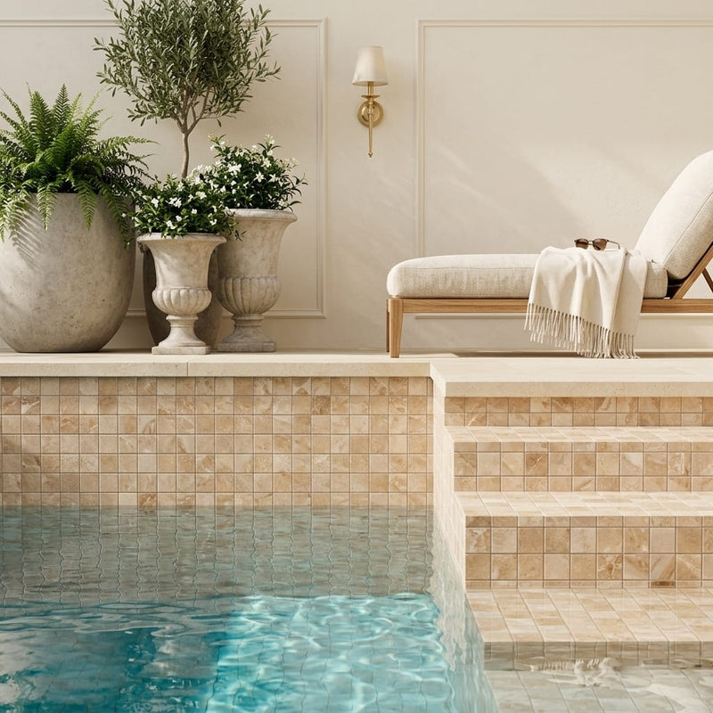 Cappuccino Marble 5/8x5/8 Polished Mosaic — Swimming Pool pool interior tiling
