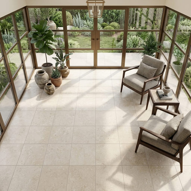 Cappuccino Travertine Tile 18x18 Filled, Honed — Sunroom floor