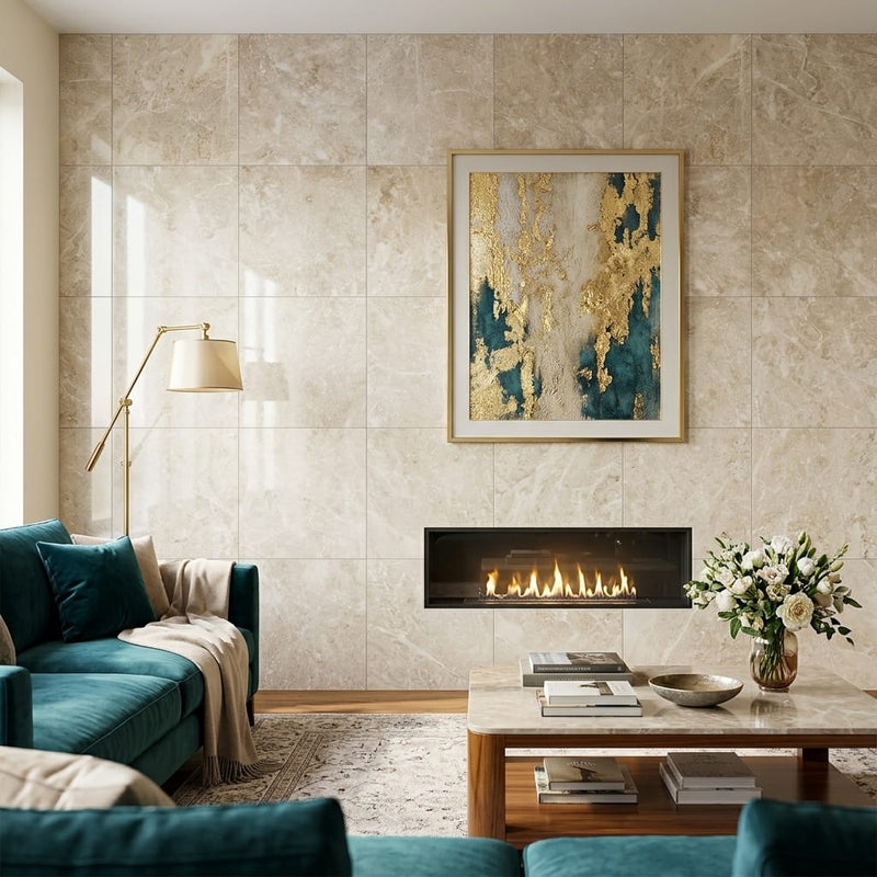 Cappucino Marble Tile 24x24 Polished — Living Room feature wall