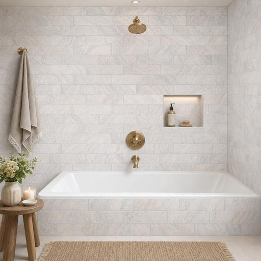 Capri Blue 4x12 Honed Marble Tile — Bathroom tub surround