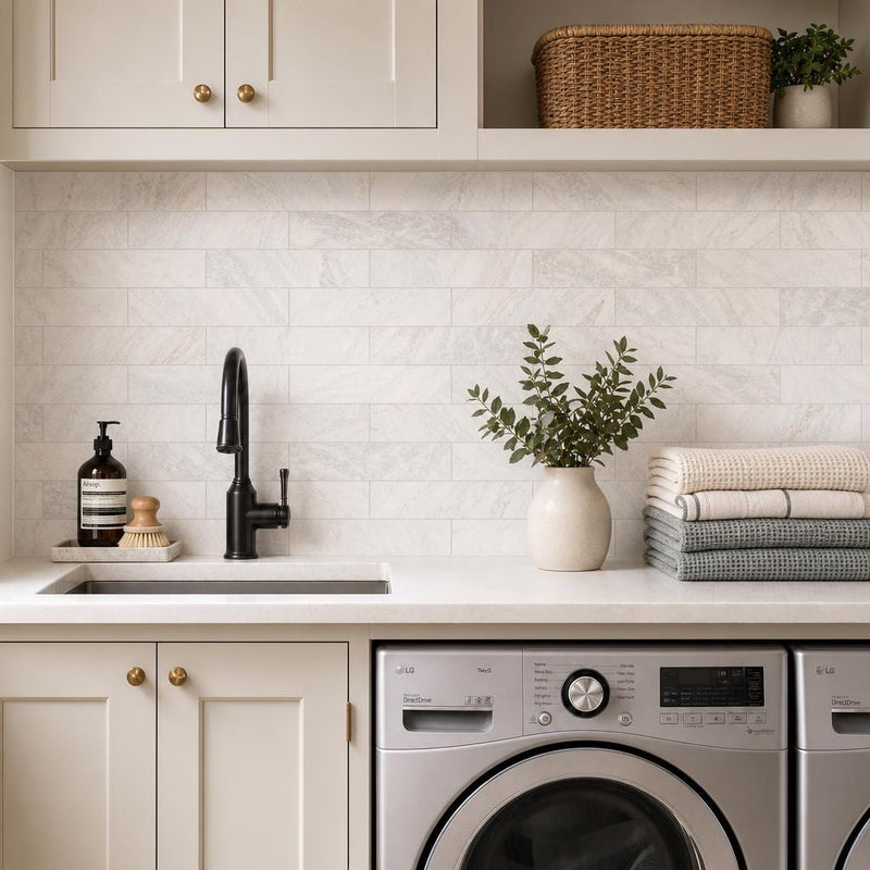 Capri Blue 4x12 Honed Marble Tile — Laundry Room backsplash