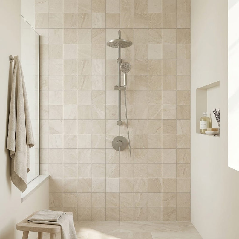 Capri Champagne 2x2 Honed Limestone Mosaic — Bathroom shower wall