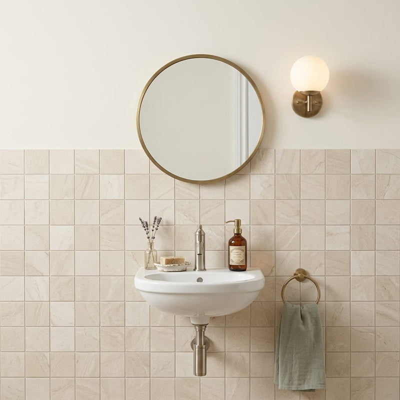 Capri Champagne 2x2 Honed Limestone Mosaic — Powder Room wall
