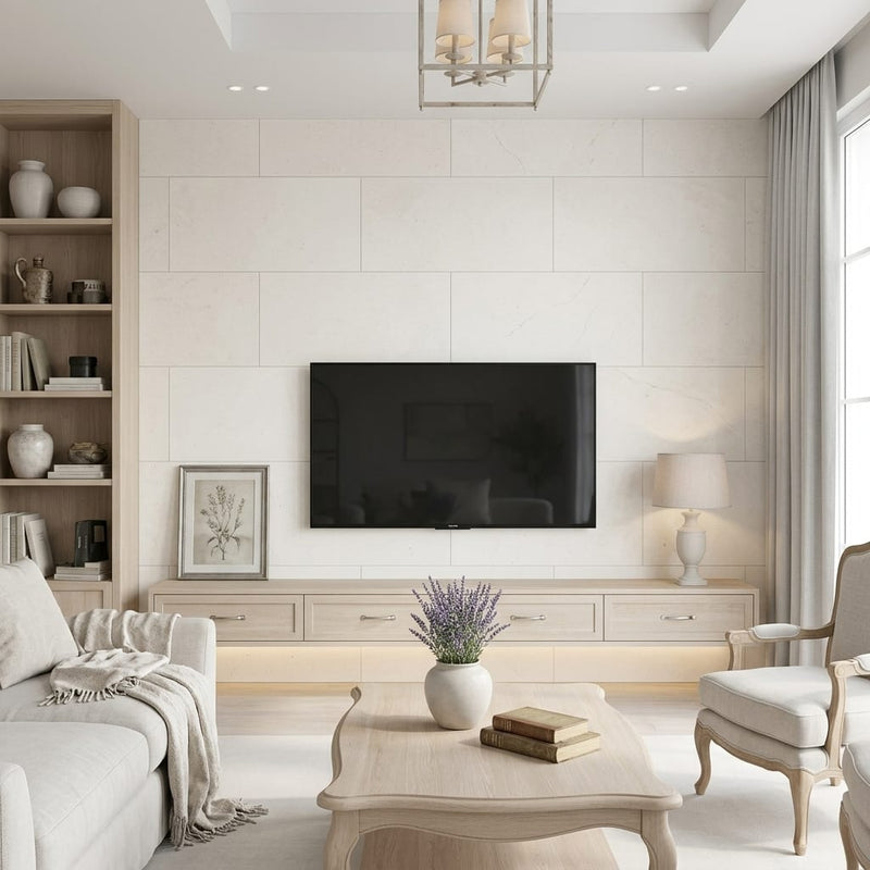 Capri Limestone Tile 18x36 Honed — Living Room feature wall