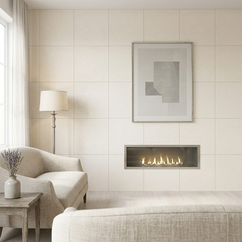 Capri Limestone Tile 24x24 Honed — Living Room feature wall