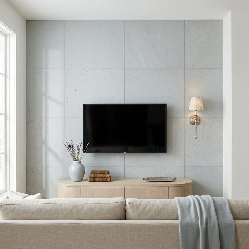 Capri Limestone Tile 36x36 Honed — Living Room feature wall