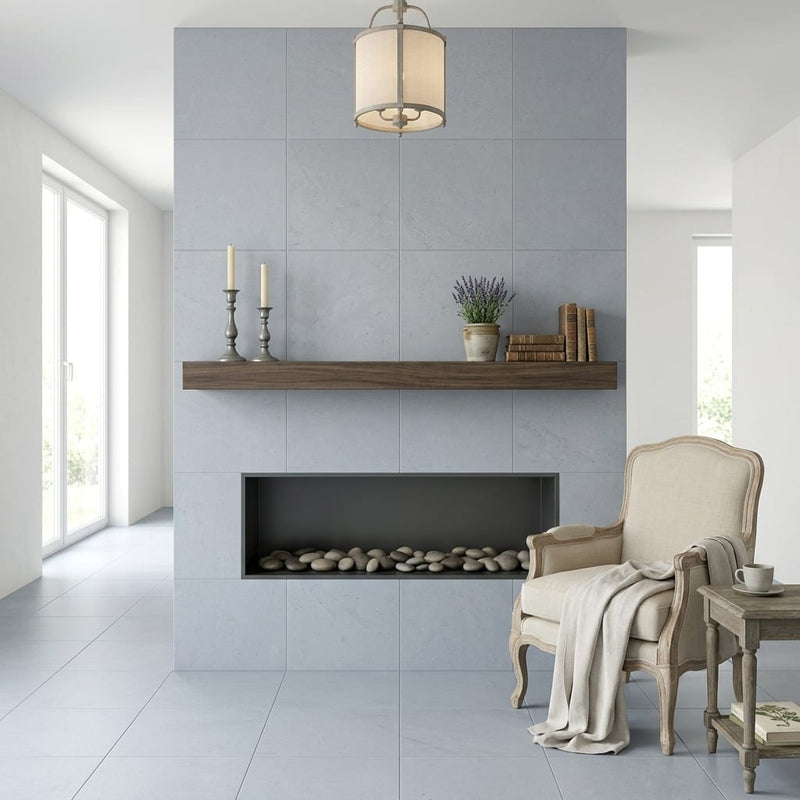 Capri Limestone Tile 36x36 Honed — Living Room fireplace surround