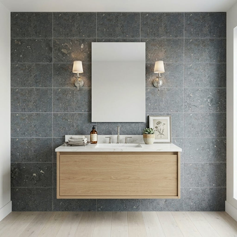 Caracas Blue Limestone Tile 16x24 — Bathroom vanity wall