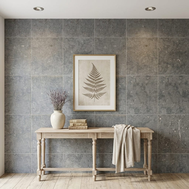 Caracas Blue Limestone Tile 16x24 — Living Room feature wall