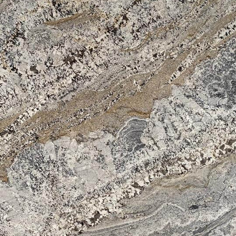 Caramelato polished granite surface with cream, grey and black mineral clusters crossed by sweeping caramel brown bands.