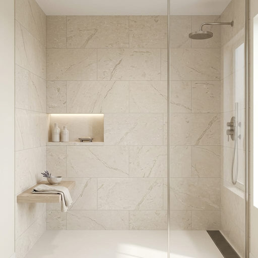 Cardinal Beige 18x36 Brushed Limestone Tile — Bathroom shower wall
