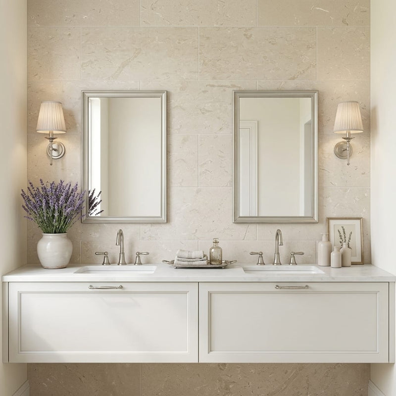 Cardinal Beige 18x36 Brushed Limestone Tile — Bathroom vanity wall