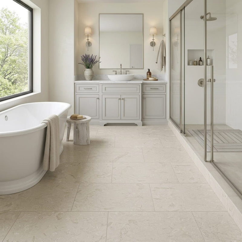 Cardinal Beige 18x36 Brushed Limestone Tile — Primary Bath floor