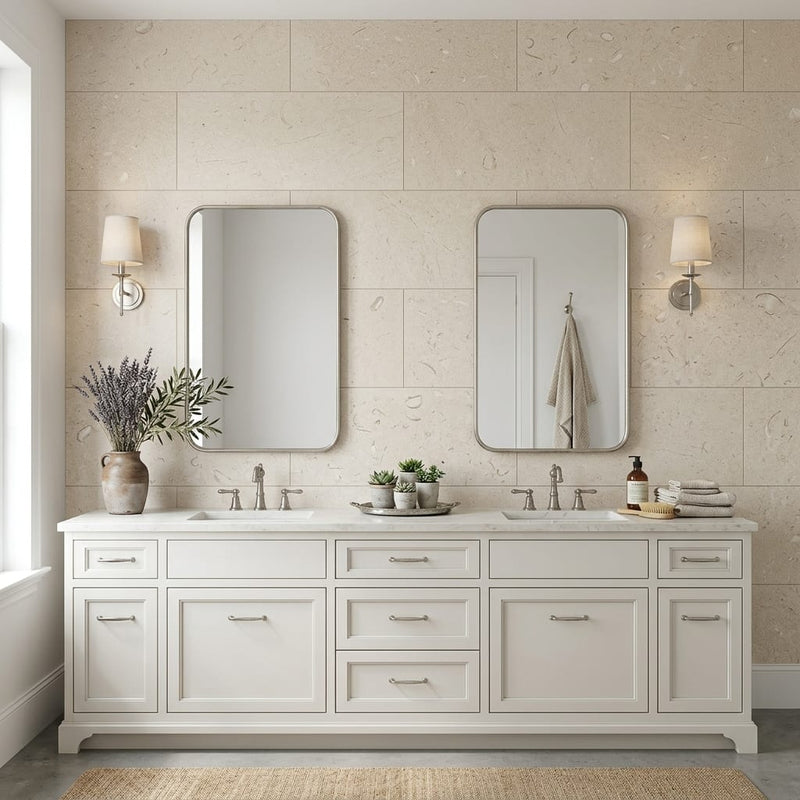 Cardinal Beige 18x36 Honed Limestone Tile — Bathroom vanity wall