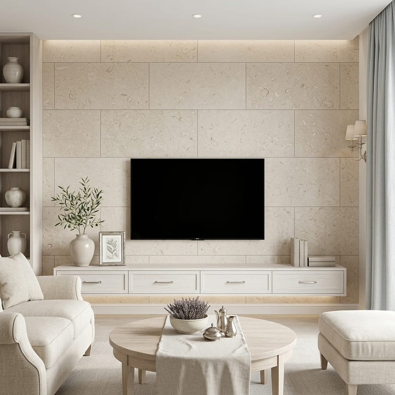 Cardinal Beige 18x36 Honed Limestone Tile — Living Room feature wall