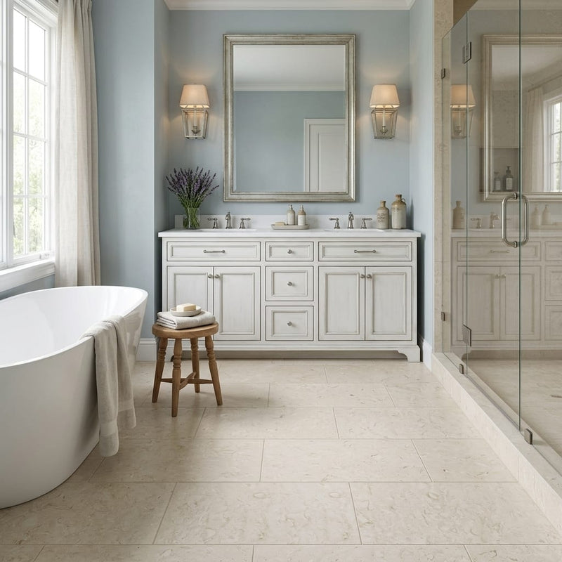 Cardinal Beige 18x36 Honed Limestone Tile — Primary Bath floor
