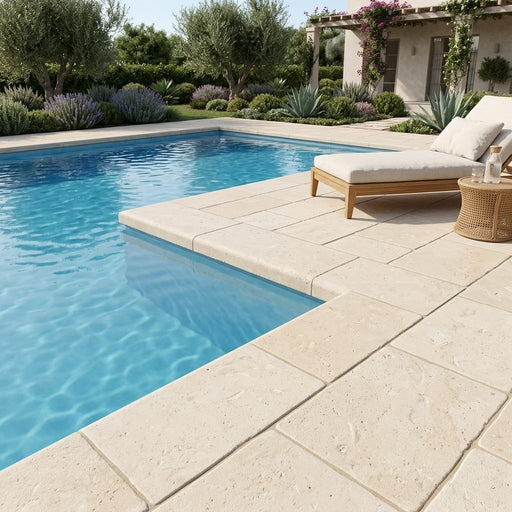 Cardinal Beige Limestone Coping 12x24 Tumbled Bullnose 3 cm pool coping — Swimming Pool pool edge drop-face coping