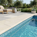 Cardinal Beige Limestone Coping 12x24 Tumbled Bullnose 3 cm pool coping — Swimming Pool remodel pool edge