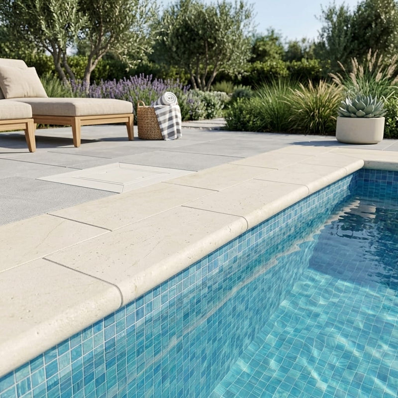 Cardinal Beige Limestone Coping 12x24 Tumbled Bullnose 3 cm pool coping — Swimming Pool remodel pool edge