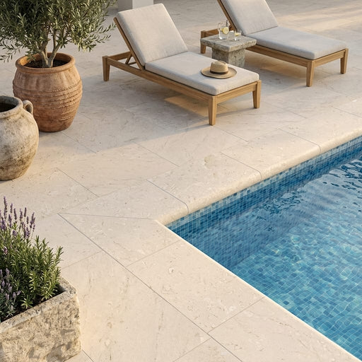 Cardinal Beige Limestone Coping 12x24 Tumbled Bullnose 5 cm pool coping — Swimming Pool pool edge drop-face coping