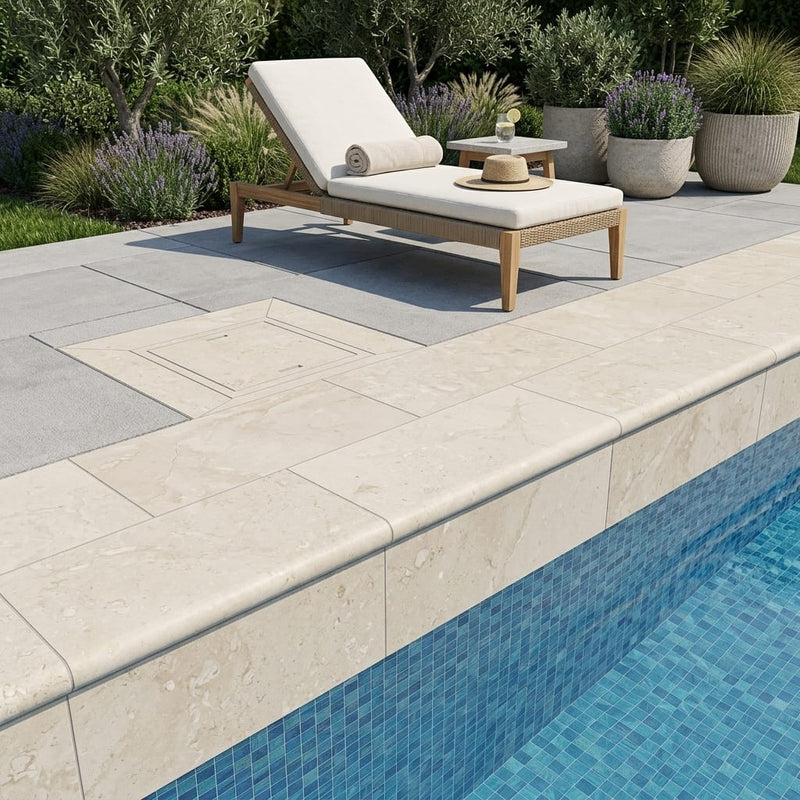 Cardinal Beige Limestone Coping 12x24 Tumbled Bullnose 5 cm pool coping — Swimming Pool remodel pool edge