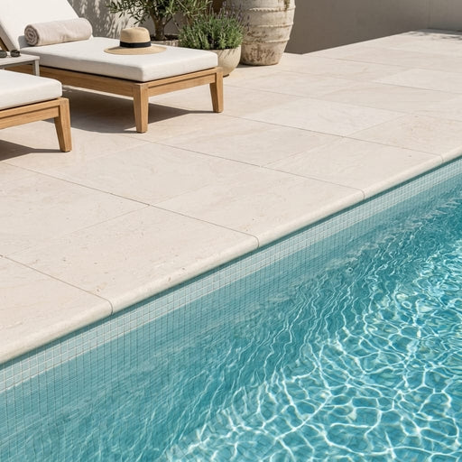 Cardinal Beige Limestone Coping 16x24 Tumbled Bullnose 5 cm pool coping — Swimming Pool pool edge drop-face coping