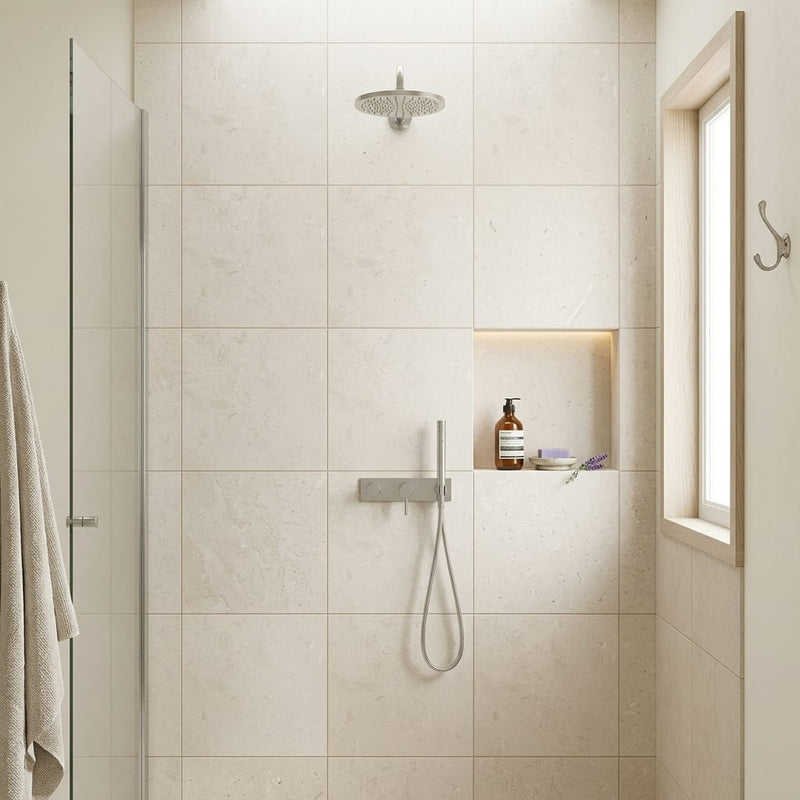Cardinal Beige Limestone Tile 24x24 Honed — Bathroom shower wall