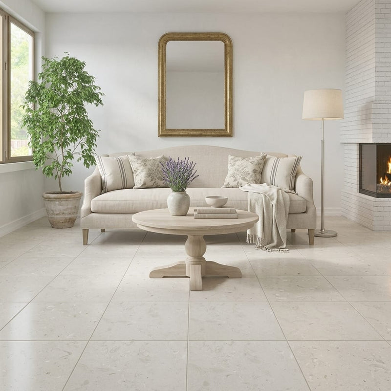 Cardinal Beige Limestone Tile 24x24 Honed — Living Room floor