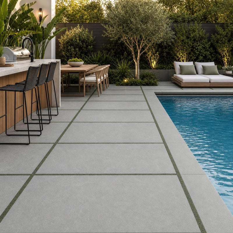 Caribbean Blue 24x48 1.25 Inch Natural Limestone Paver — Backyard pool deck