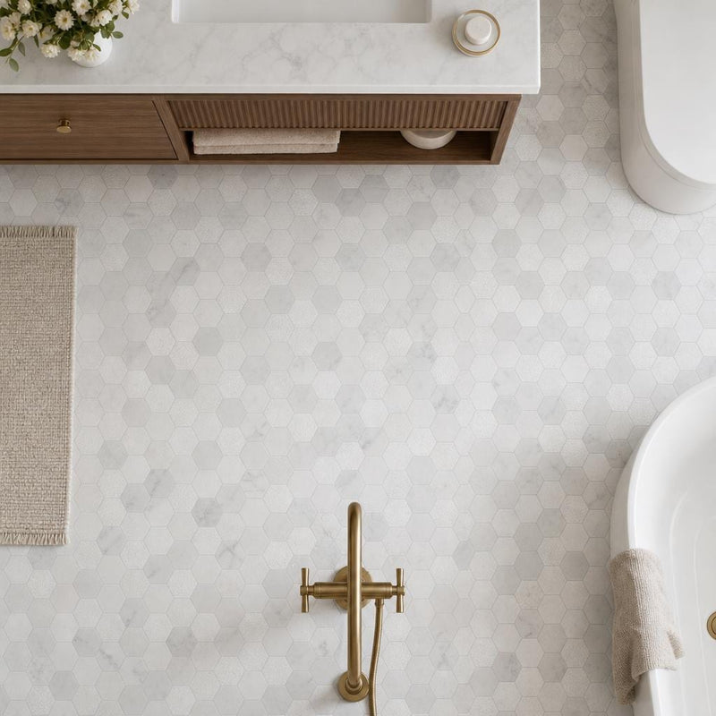 Carrara 2x2 Hexagon Various Finish Marble Mosaic Tile — Bathroom floor