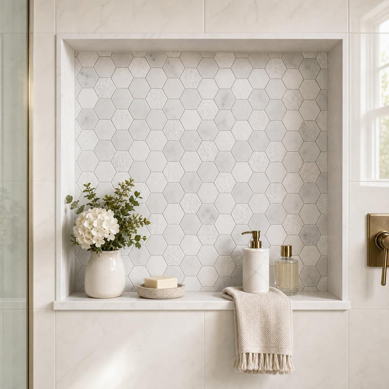 Carrara 2x2 Hexagon Various Finish Marble Mosaic Tile — Bathroom niche