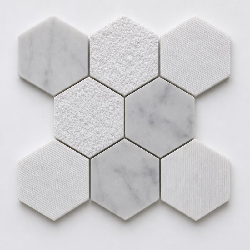 Carrara 2x2 Hexagon Various Finish Marble Mosaic Tile close-up