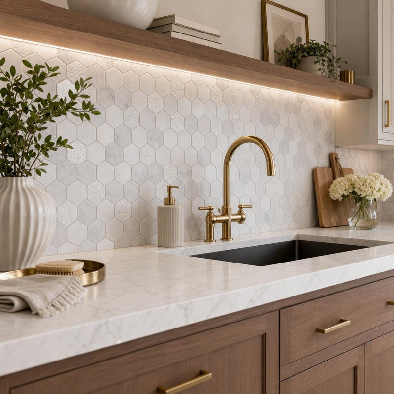 Carrara 2x2 Hexagon Various Finish Marble Mosaic Tile — Kitchen backsplash