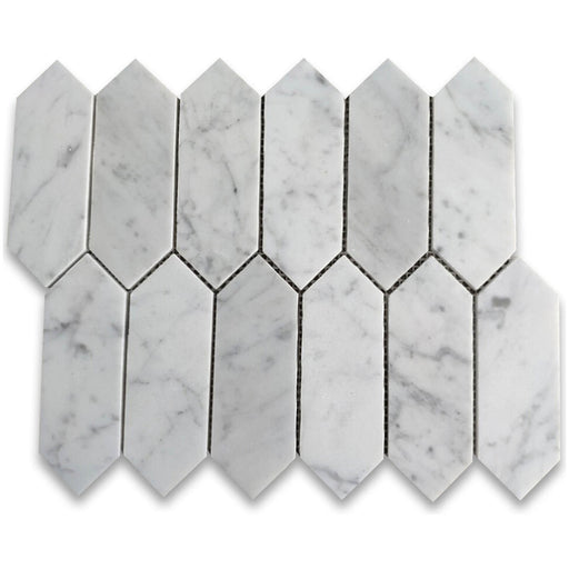Carrara honed marble mosaic with elongated 2x6 picket pieces, softly varied white and grey tones and delicate natural veins.